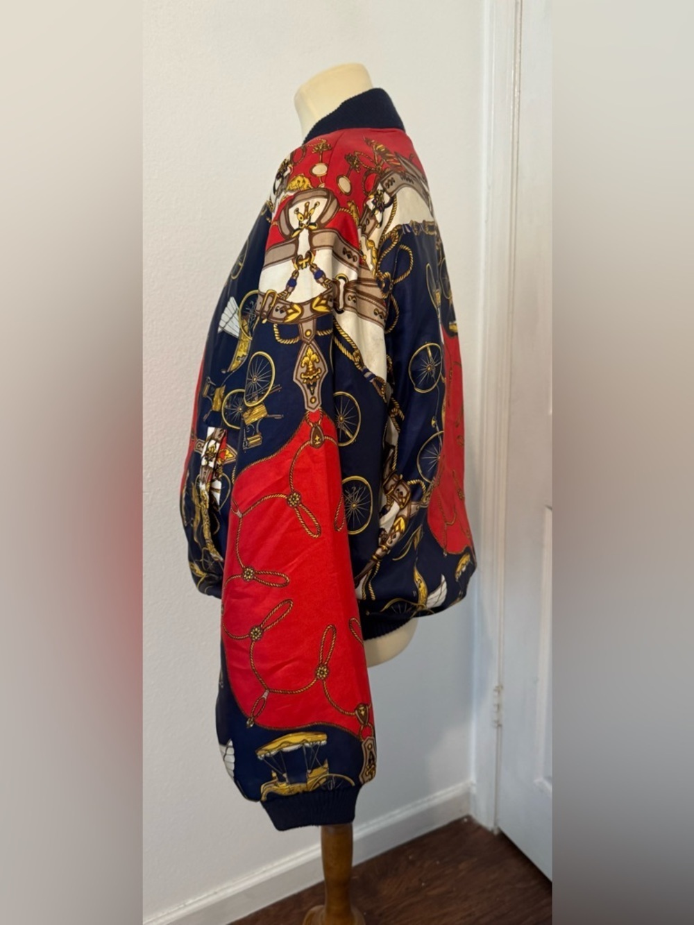 Vintage Angela Tong Bomber Jacket Equestrian Scarf Print Red Navy Retro M *READ* - Picture 2 of 13